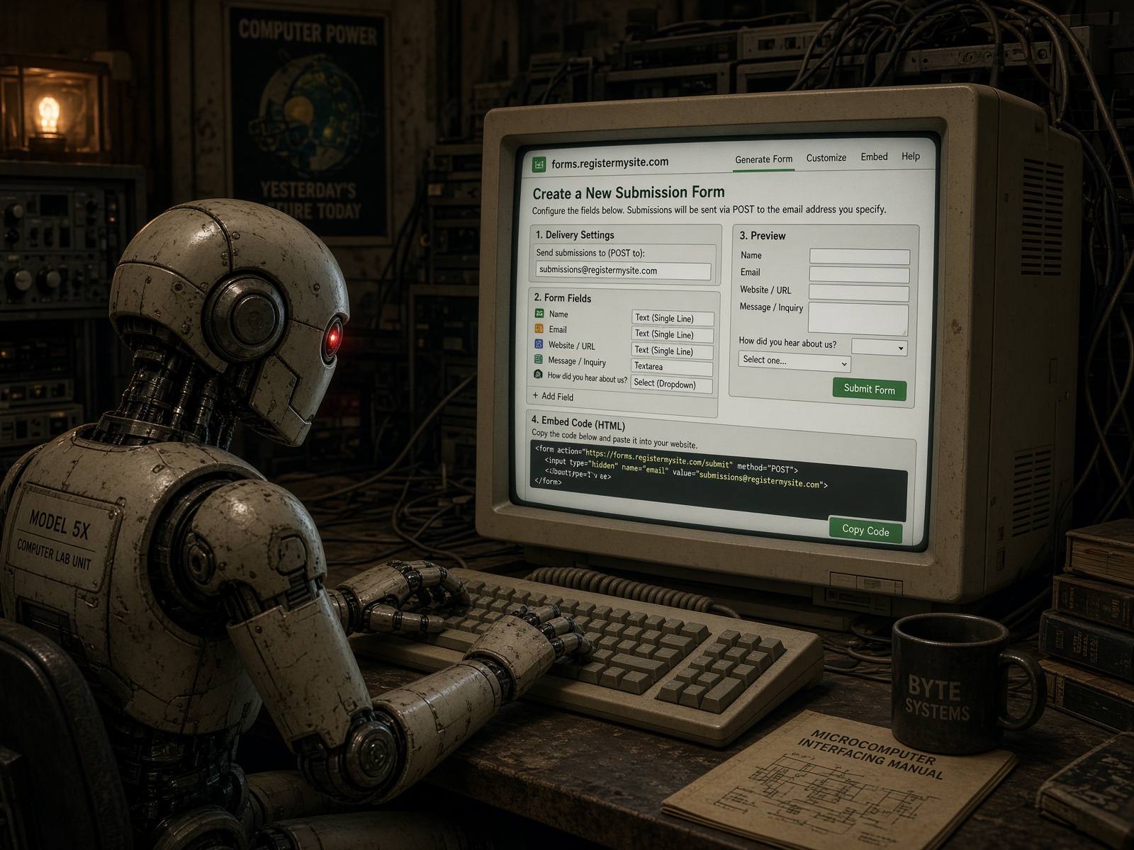 A visual representation of a robot using a retro computer inside of a computer lab, while typing on a keyboard and generating a submission form on forms.registermysite.com